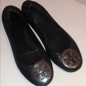 Black and silver Tory Burch Reva ballet flats
